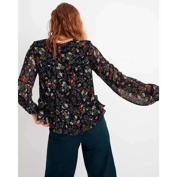 NWT|Madewell Sheer Sleeve Ruffle Peplum Floral Long Sleeve Top, MEDIUM - Picture 4 of 12